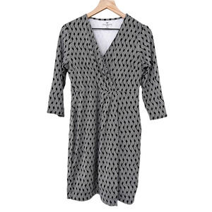Talbots Womens MP Medium Petite Faux Wrap Dress Black White 3/4 Sleeve Fit Flare